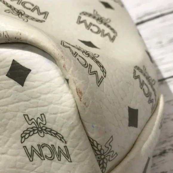 MCM Tote Bag White Logo Visetos Canvas Leather Trim Shoulder Bag - Picture 8 of 16